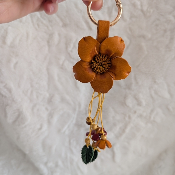 Yellow Leather Flower Bag Charm With Leaf And Flower Beaded Design - Picture 3 of 3